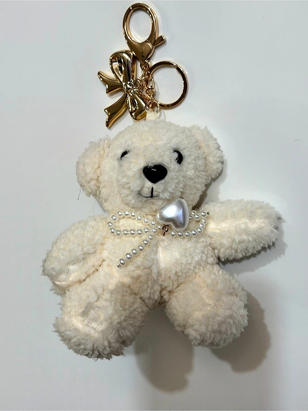 Natasha Cream Teddy Bear Pearl Heart Bow Bag Charm Keychain Like New